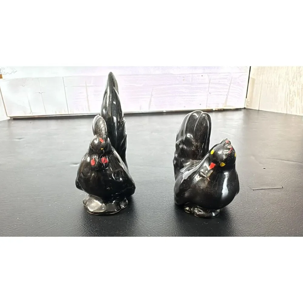 Vintage Matching Rooster & Hen Black Ceramic 1950's-1960's